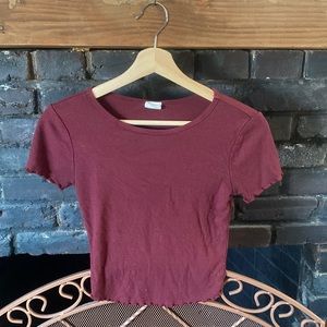 Tilly’s Wine Red Crop Top Ribbed Tee, Lettuce Hem